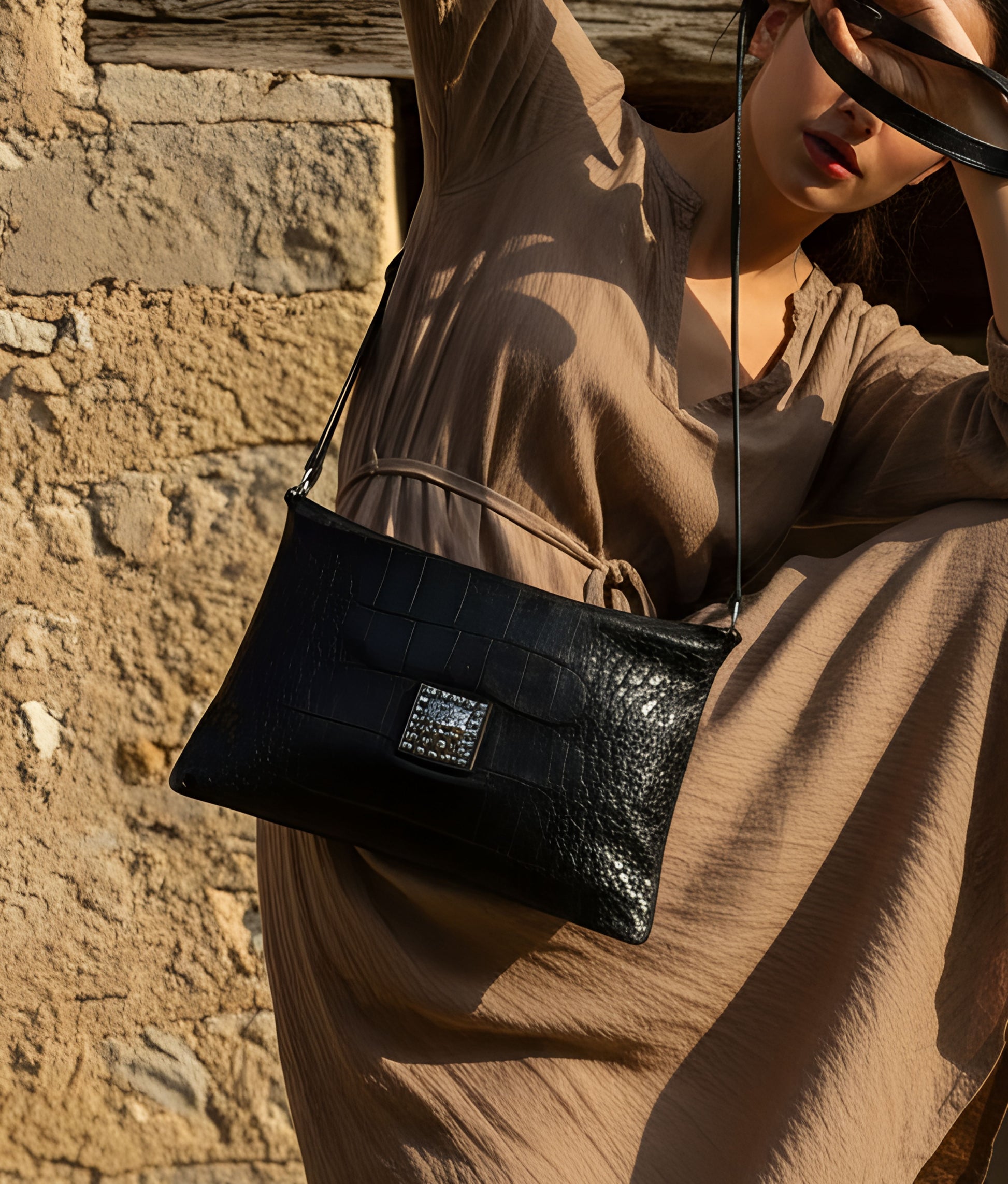 Centaurus Black Crocodile Print Bag