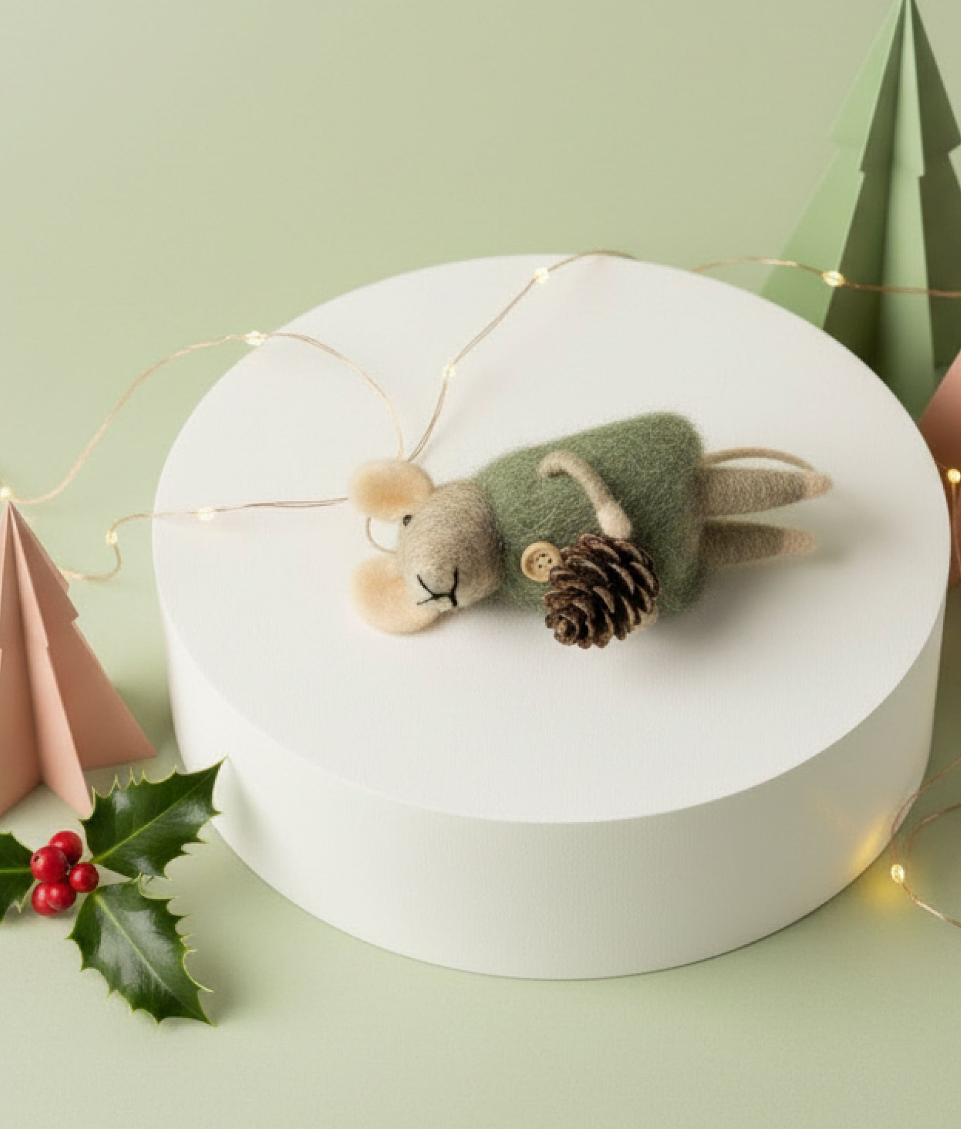 Xmas Mice Beige Green Acorn