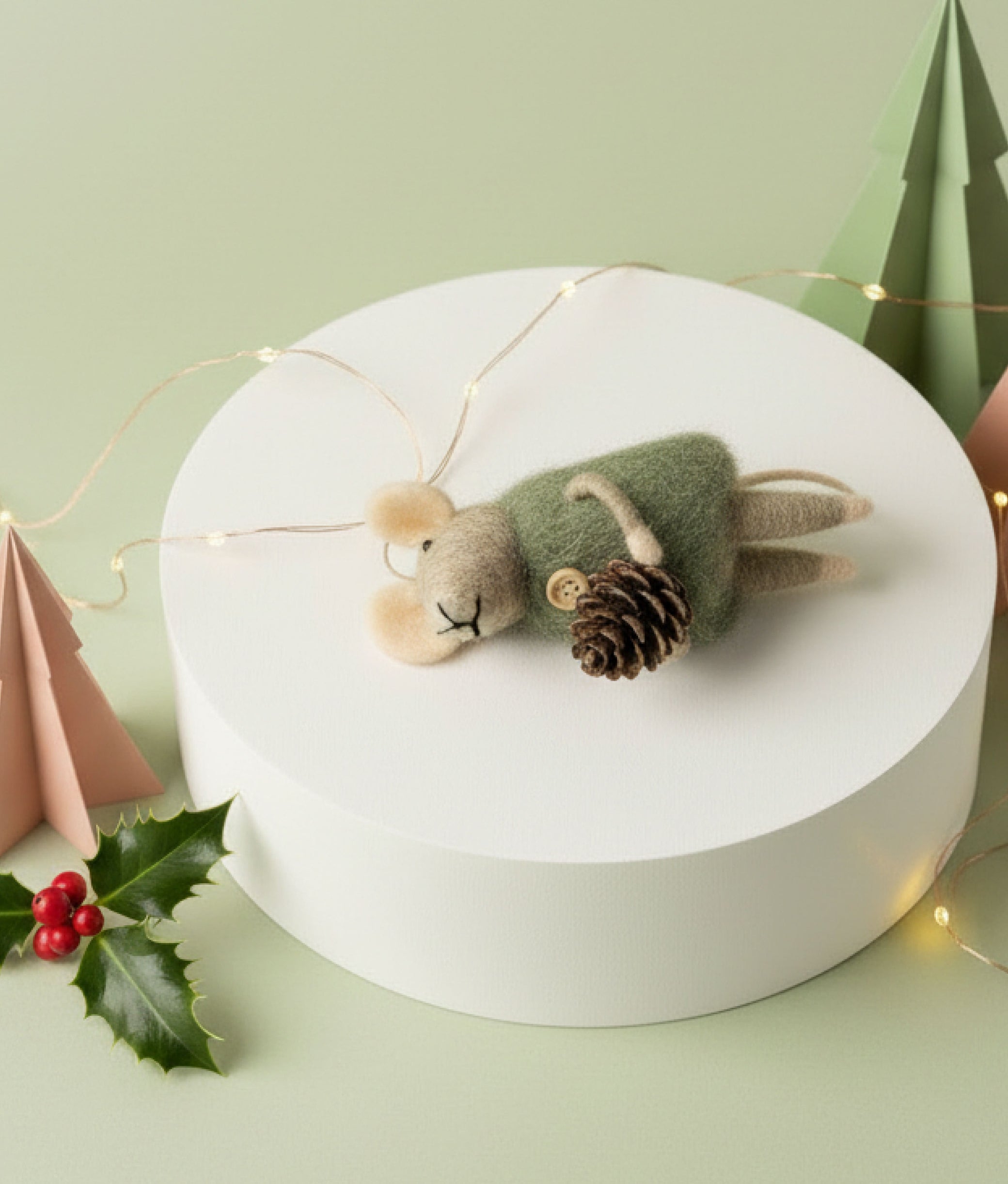 Xmas Mice Beige Green Acorn