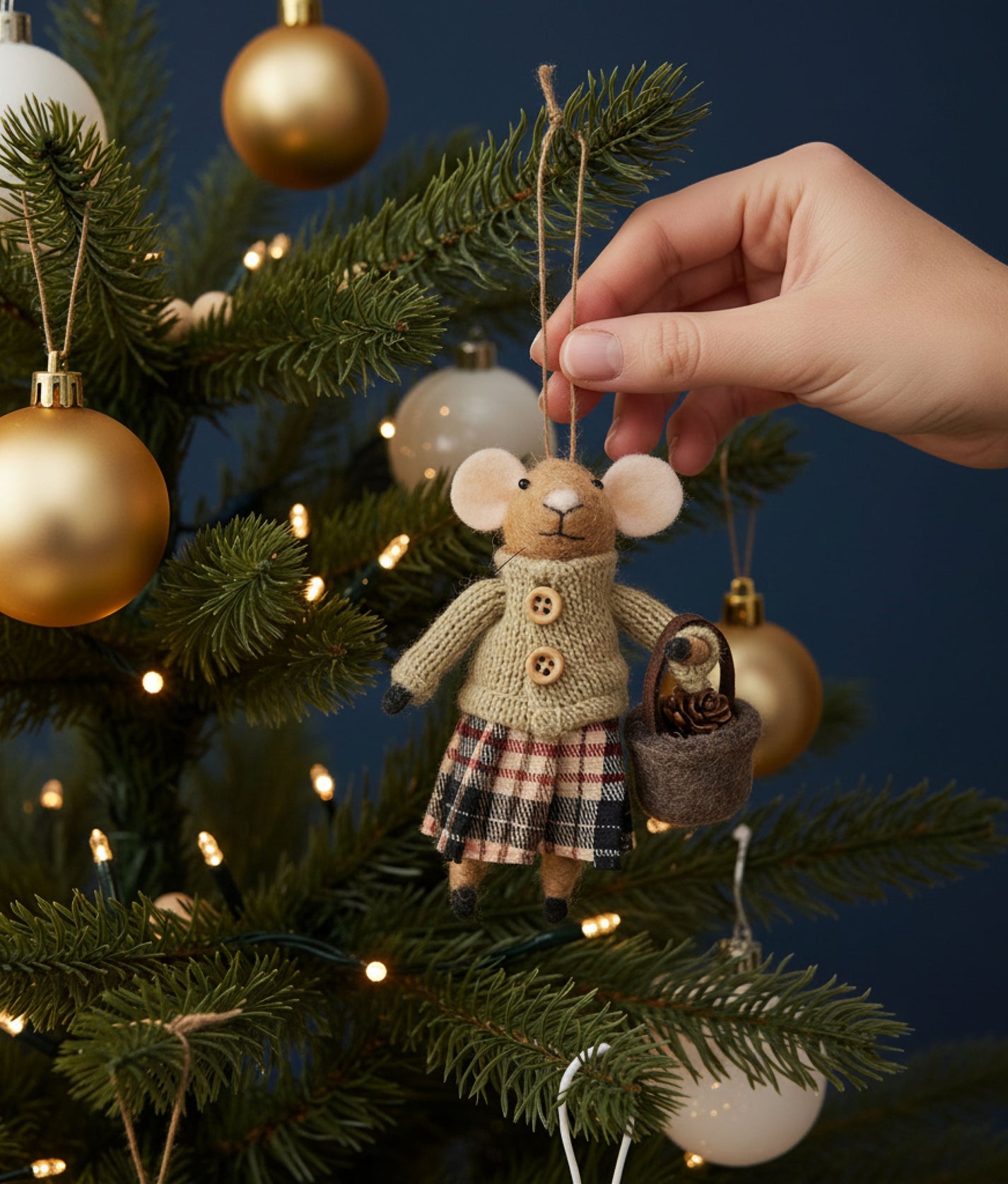 Xmas Mice Beige Acorn Basket