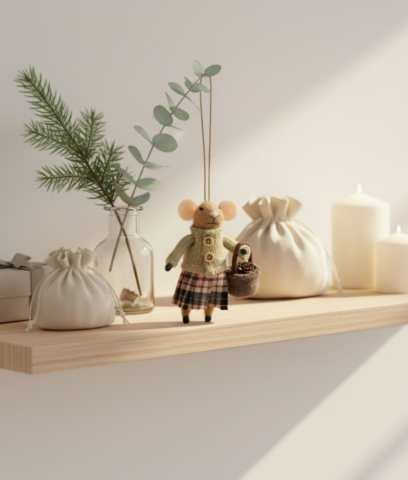 Xmas Mice Beige Acorn Basket
