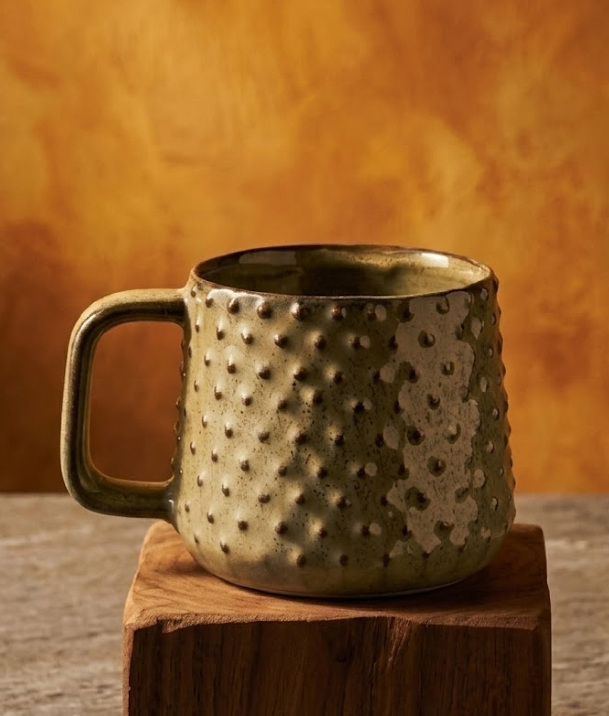 Green Brown Stoneware Mug w/ Dots
