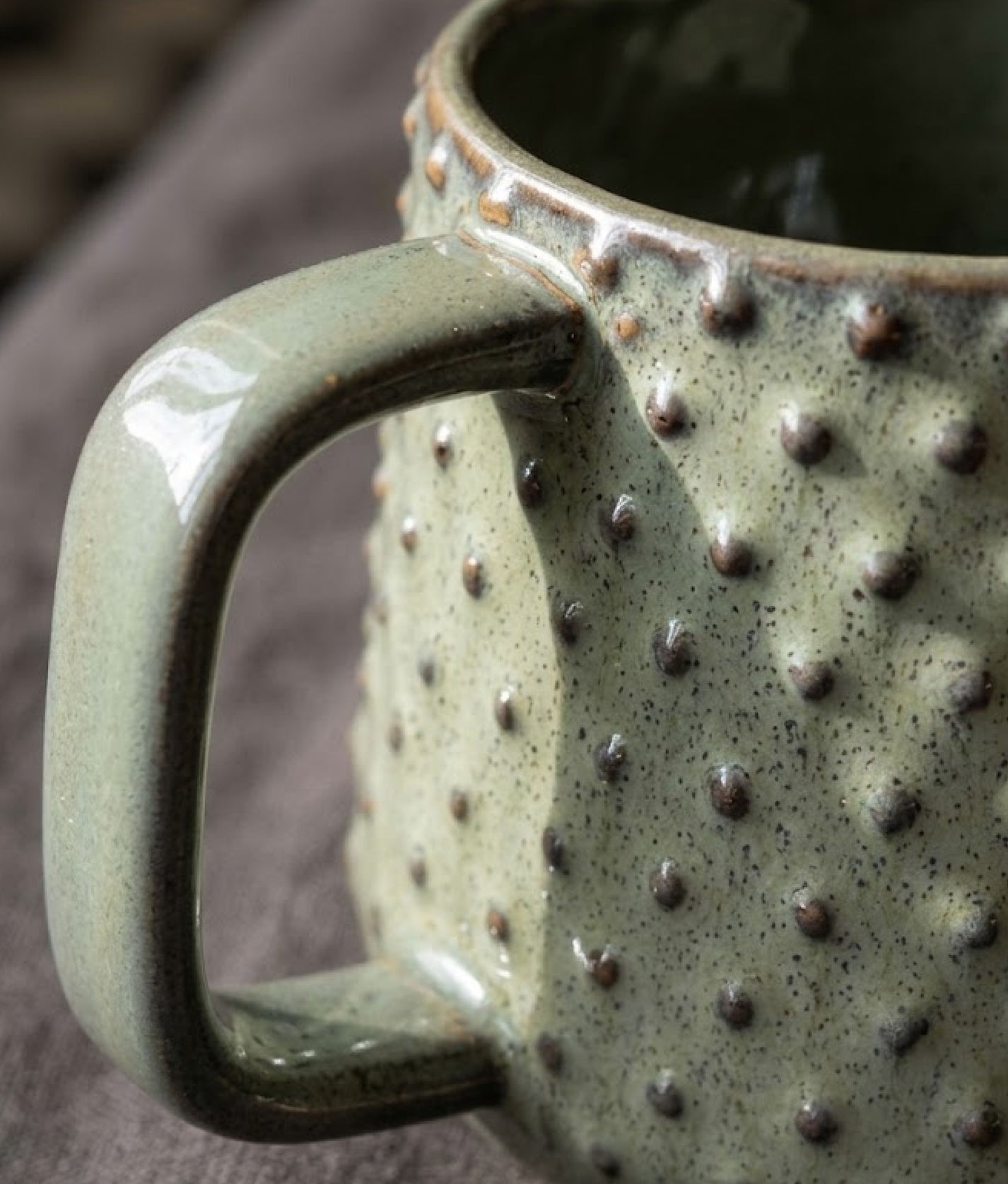 Green Brown Stoneware Mug w/ Dots