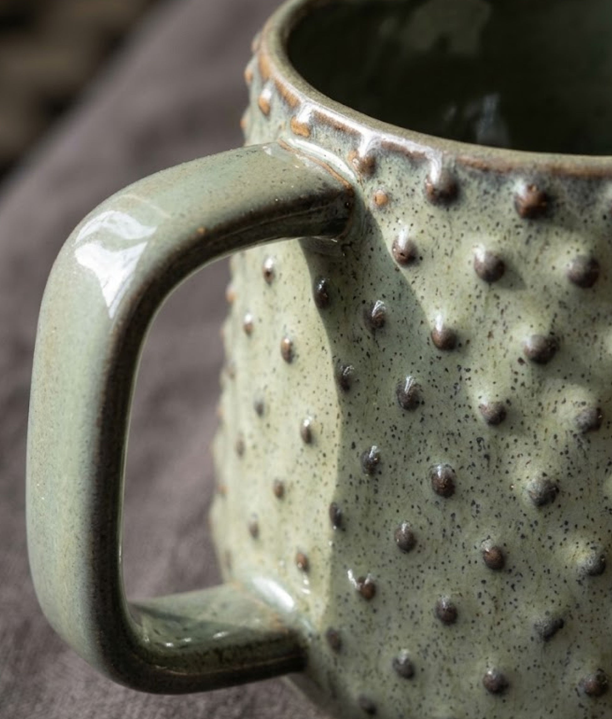Green Brown Stoneware Mug w/ Dots
