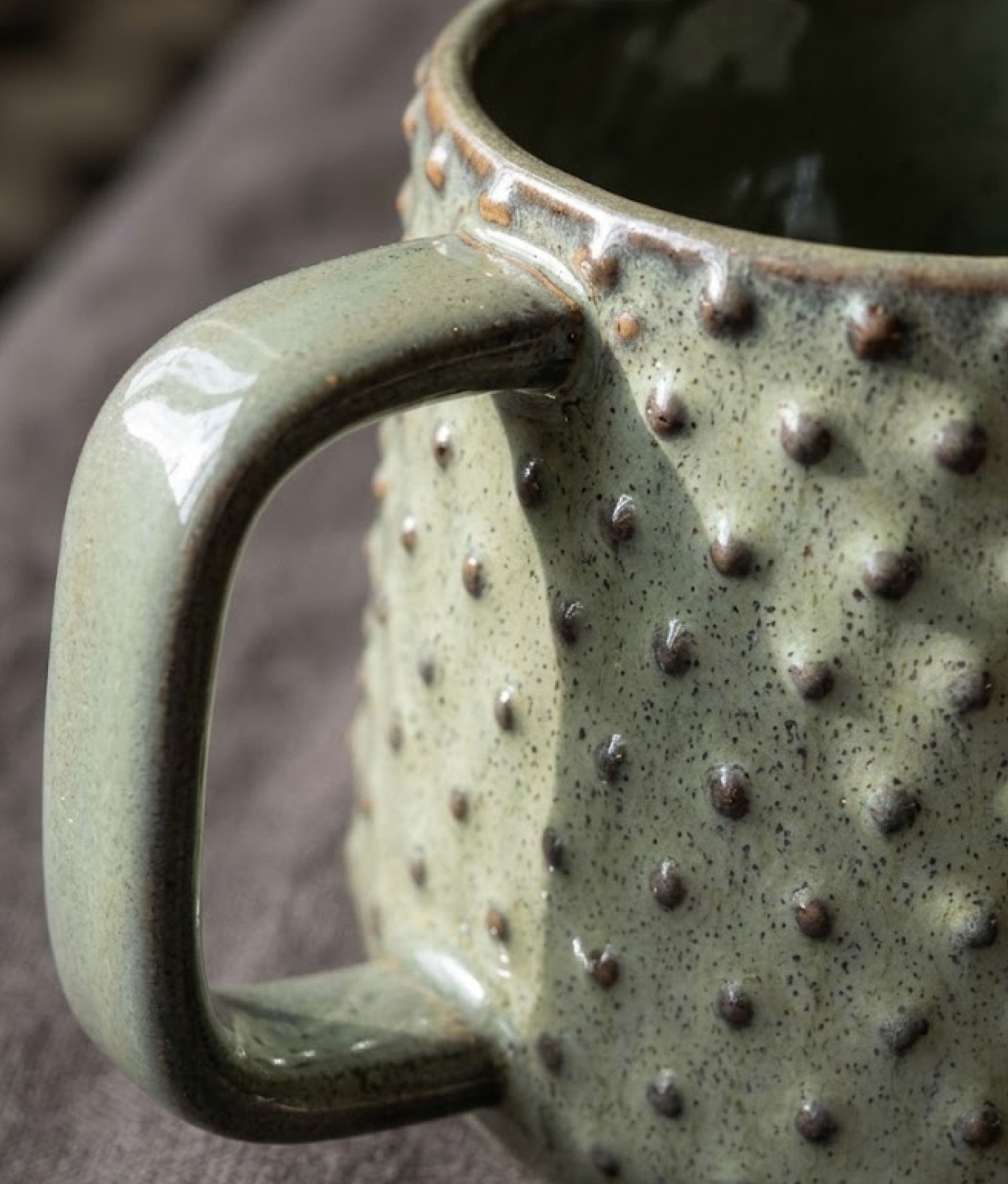 Green Brown Stoneware Mug w/ Dots