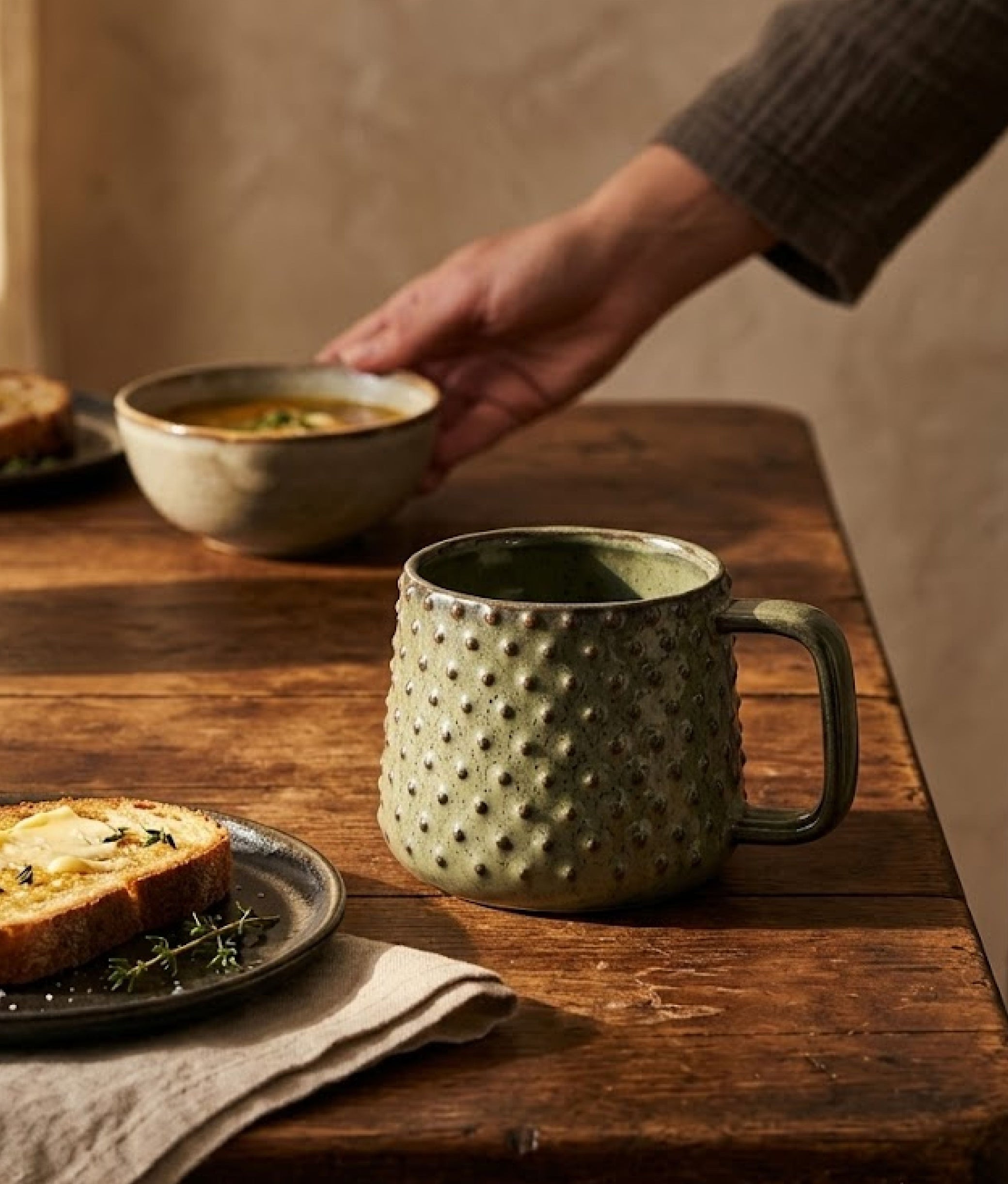 Green Brown Stoneware Mug w/ Dots