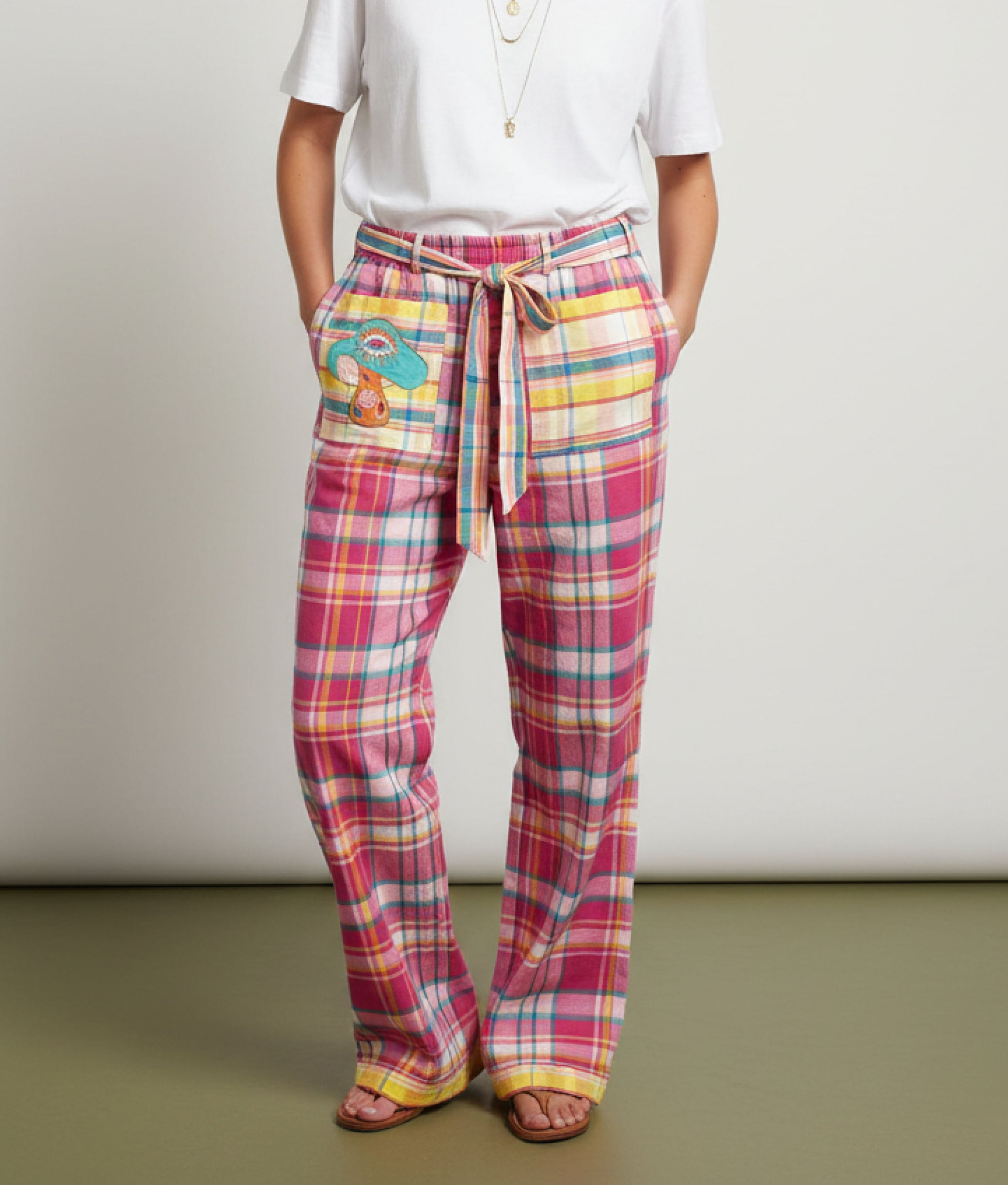 White and Pink Mushroom Madras Pants