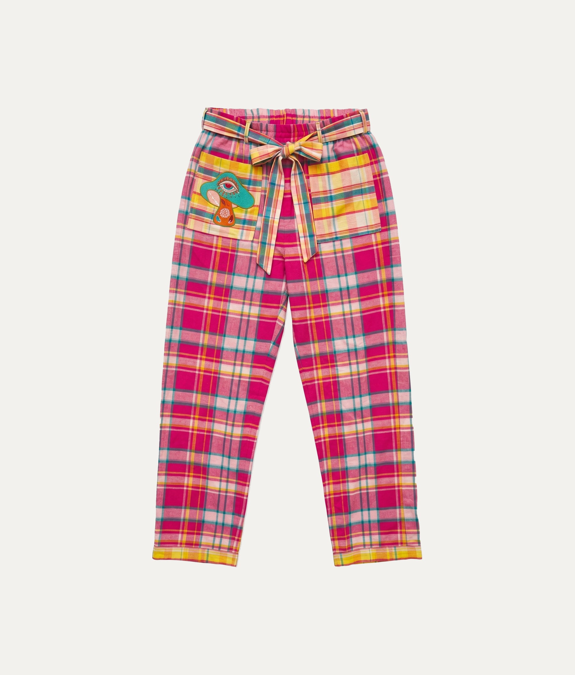 White and Pink Mushroom Madras Pants