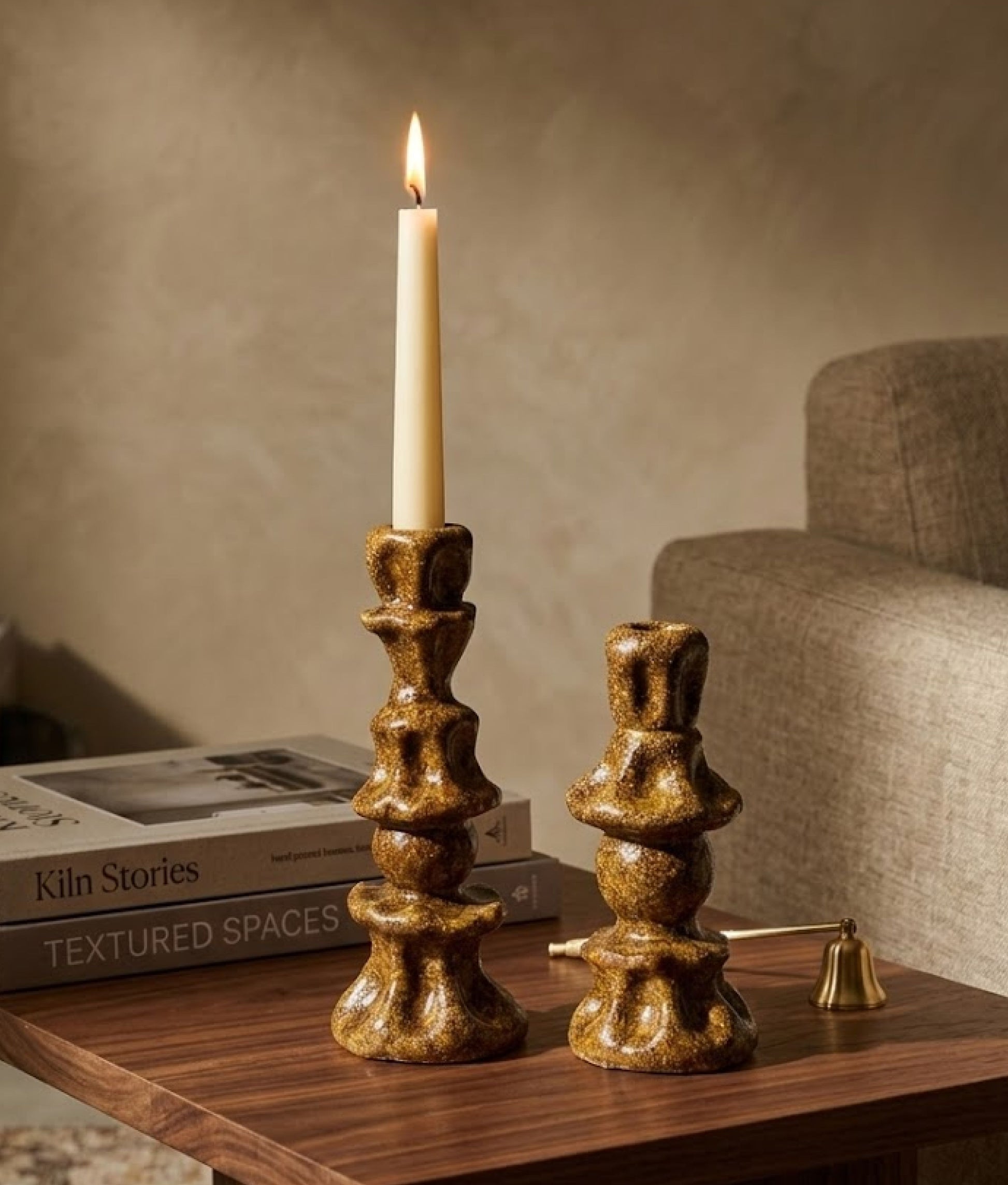 Mustard Stoneware Candle Holders Set of 2