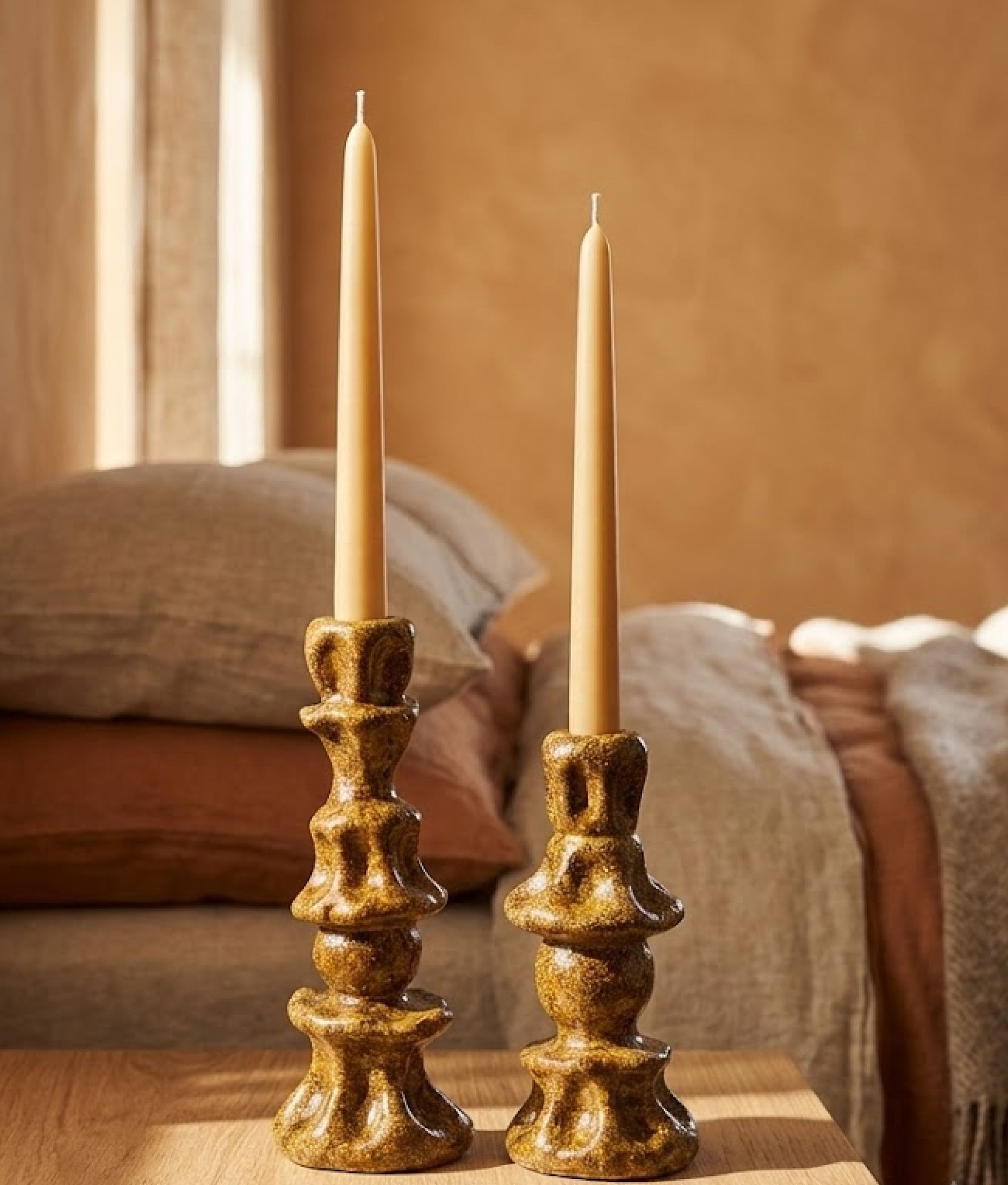 Mustard Stoneware Candle Holders Set of 2