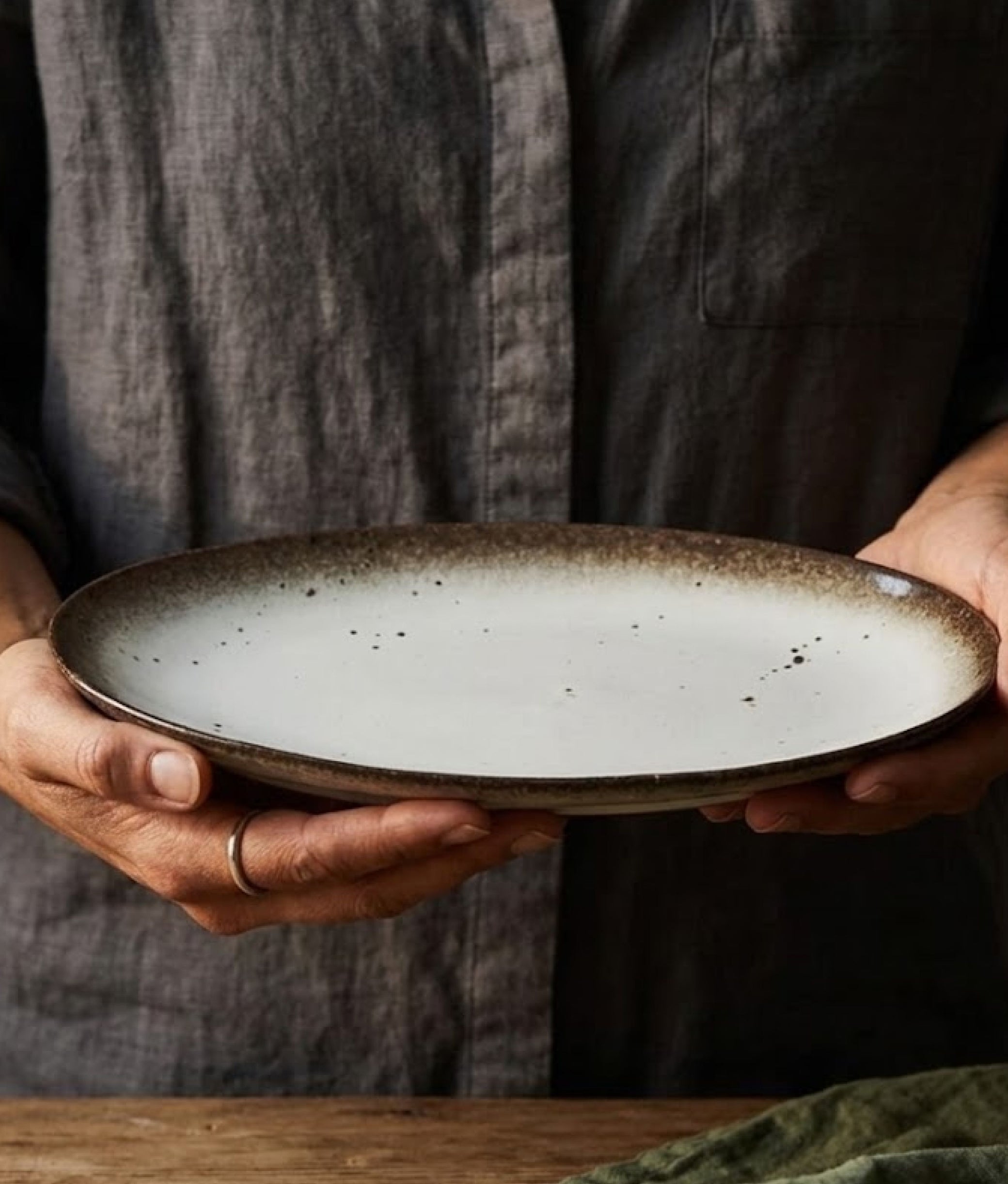White Brown Oval Serving Dish