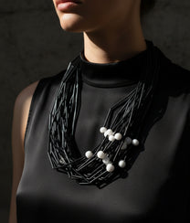 PON PON GLASS Black White Dots Necklace S