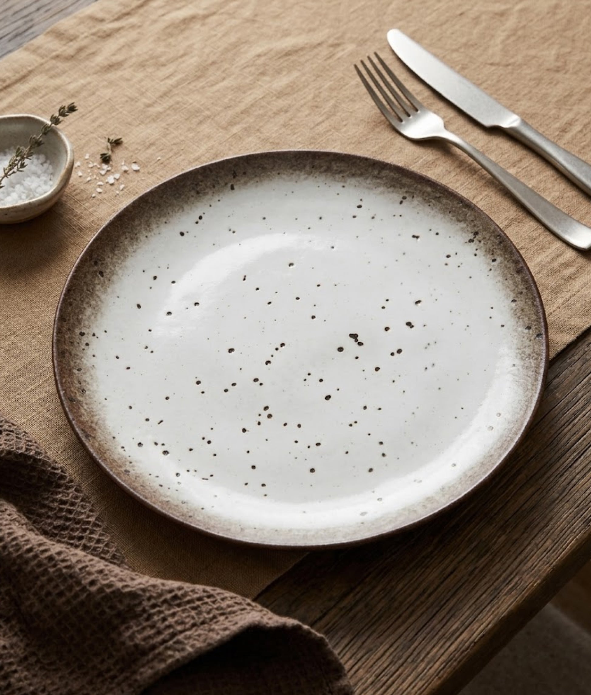 White Brown Stoneware Dinner Plate
