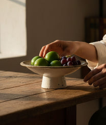 White Brown Stoneware Pedestal Dish