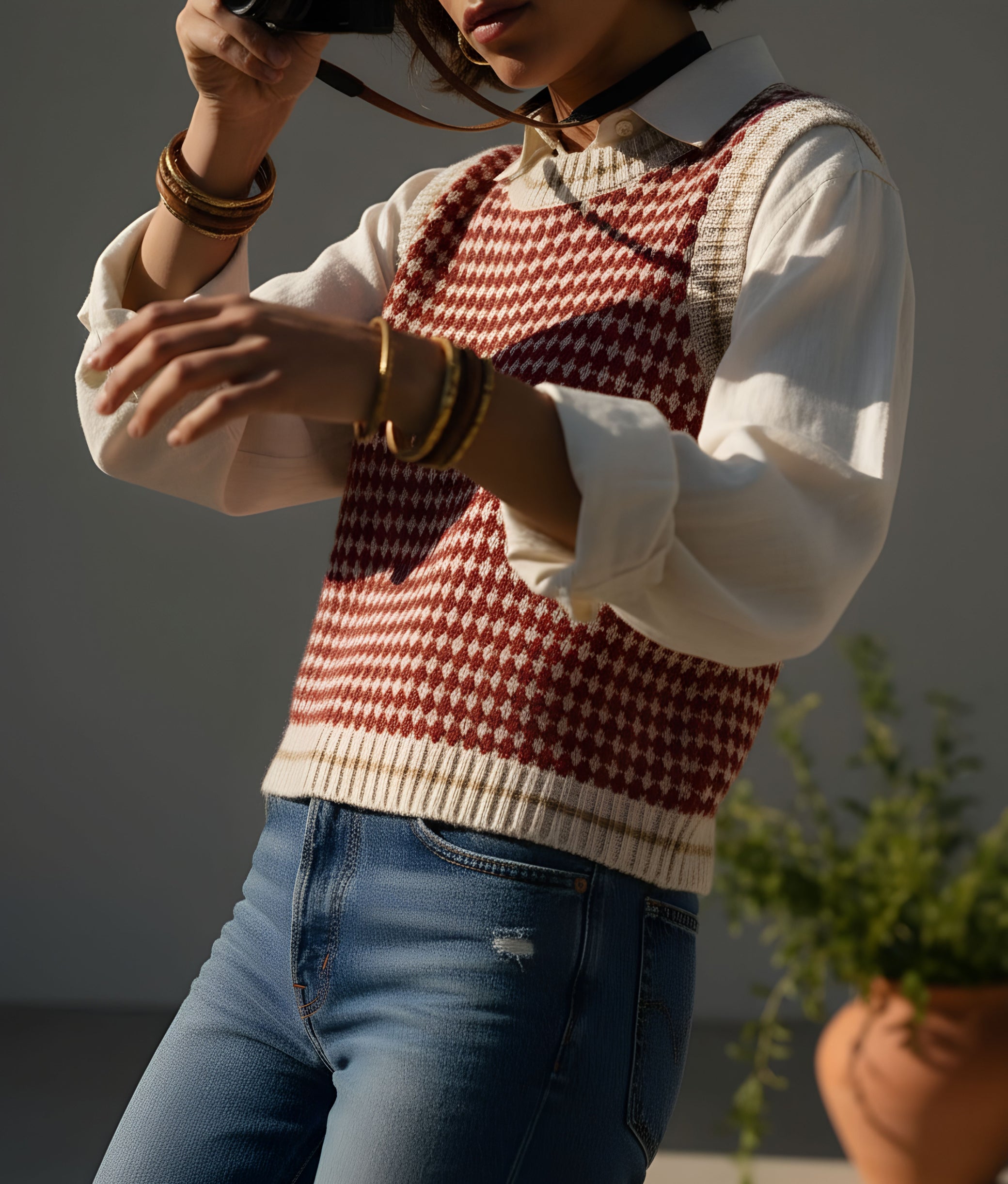 Red &amp; White Checks Wool Vest