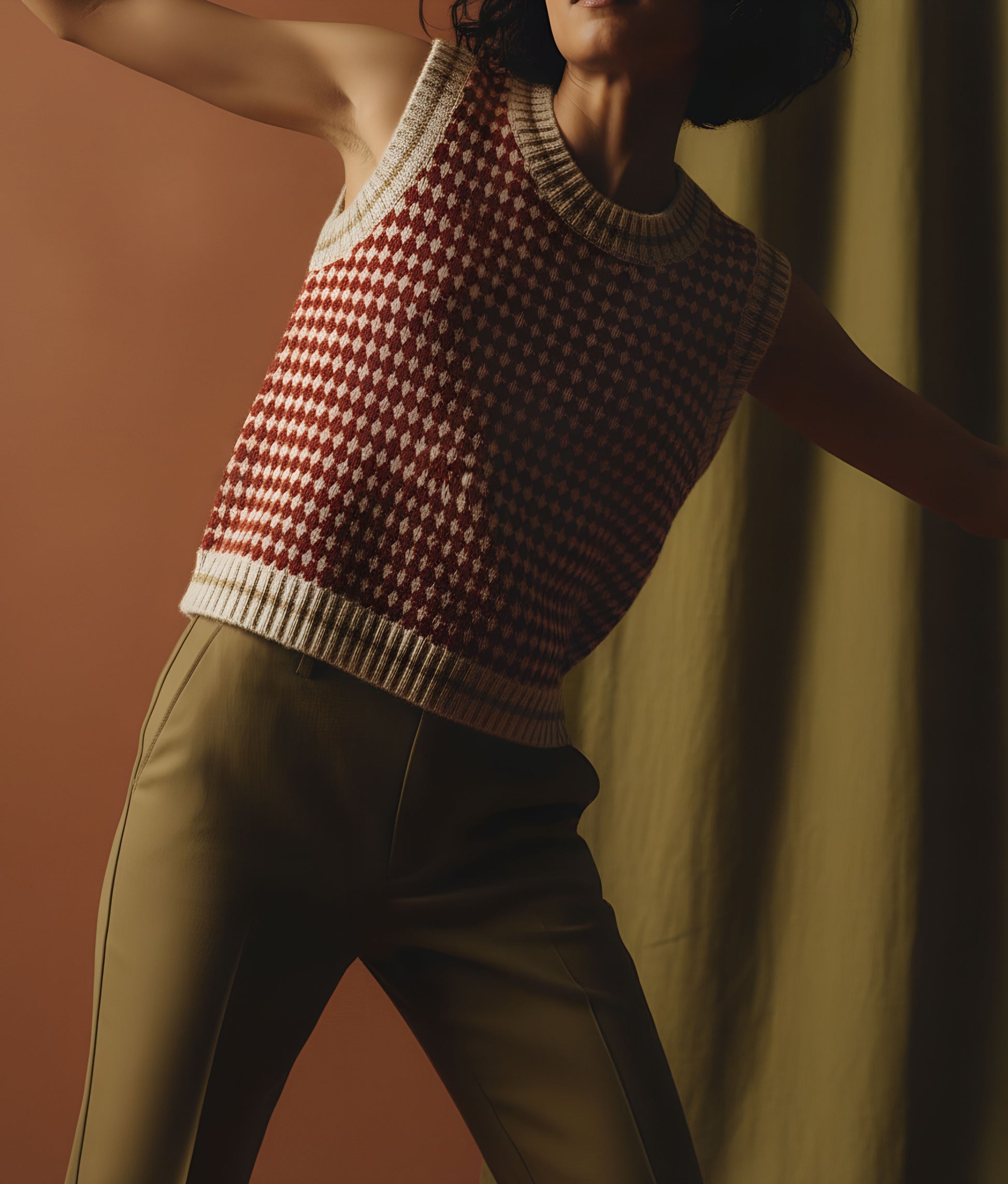Red &amp; White Checks Wool Vest