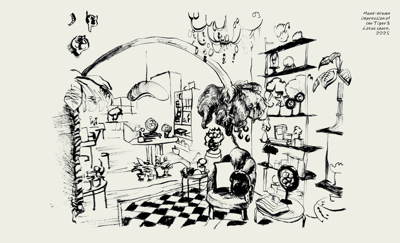 Hand-drawn impression of the Tiger & Lotus space, 2025